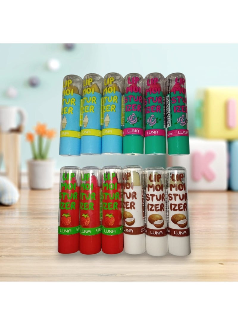 Luna Lip Balm - 4 Flavors (Rose - Coconut - Strawberry - Vanilla) for Dry and Chapped Lips - 12 Count - Image 1